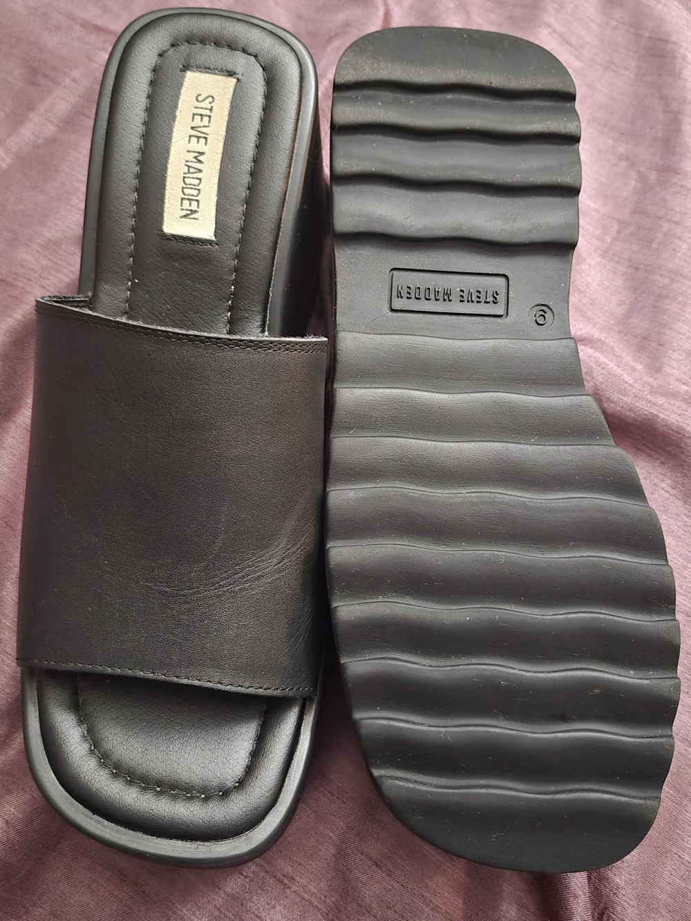 Steve Madden Pepe30 Black Leather Platform Wedge Slide Sandals Size 9