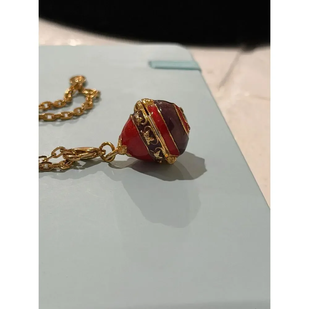 Vintage Joan Rivers Faberge Style Egg Locket Necklace • Red Enamel • Gold Plate