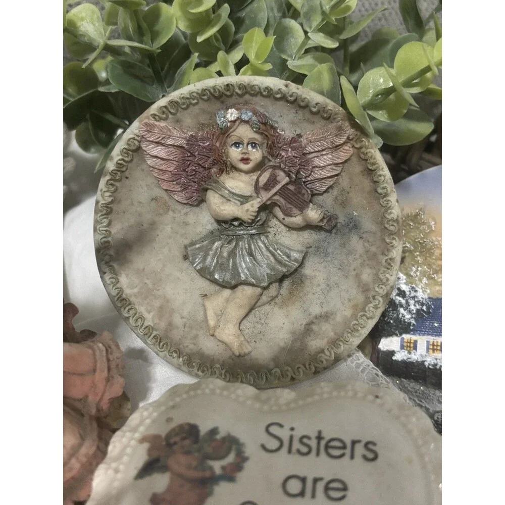 Vintage Angel Figurine Lot Girls Trinket Box Plate Cottagecore Decor Shabby Chic