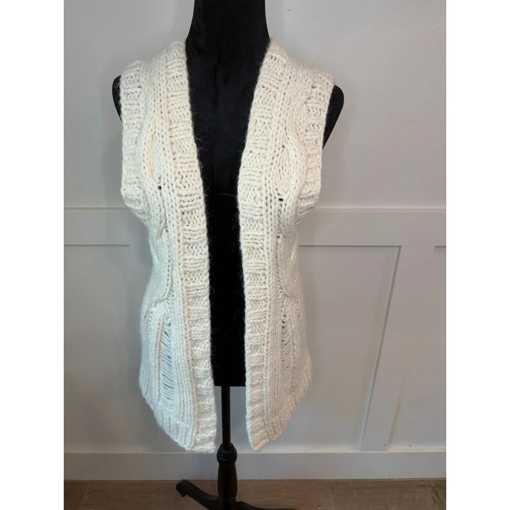 Michael Kors Ivory Cable Knit Alpaca Blend Longline Vest Cardigan Small