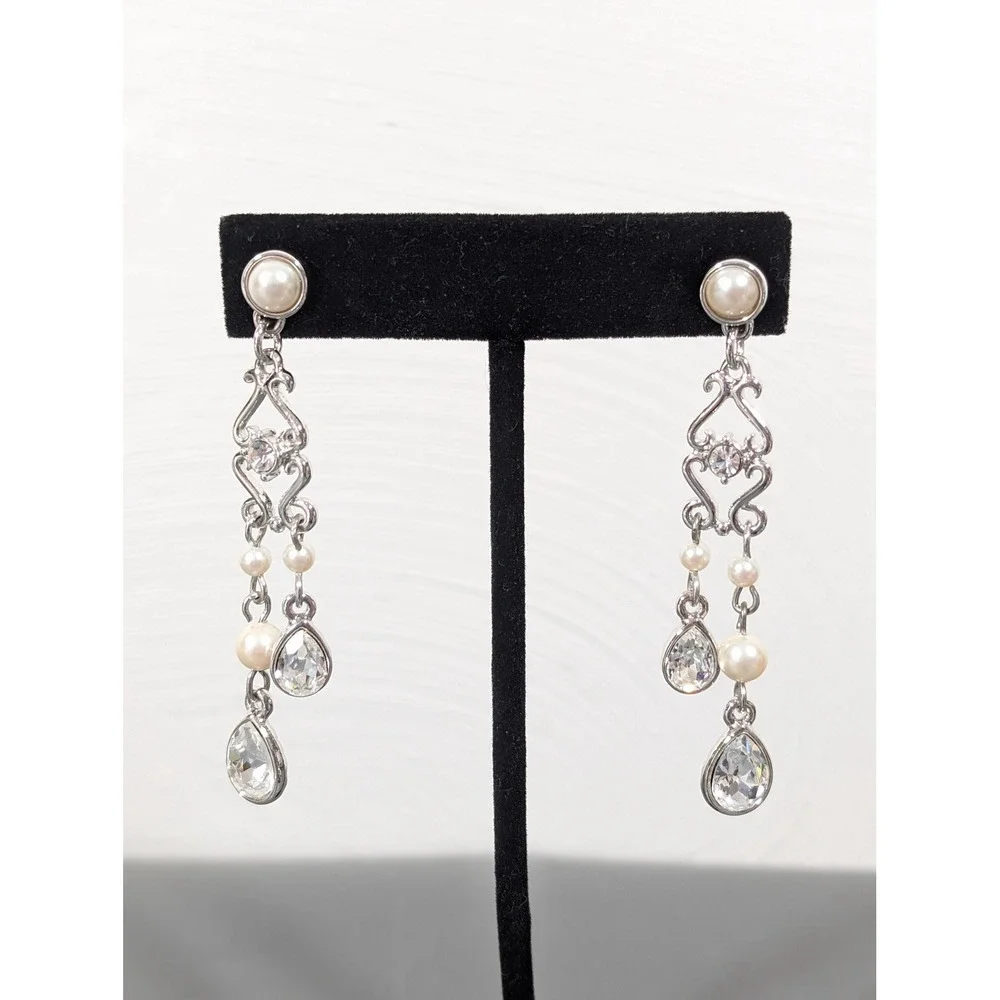 Monet Silver‎ Tone Rhinestone Faux Pearl Chandelier Drop Earrings