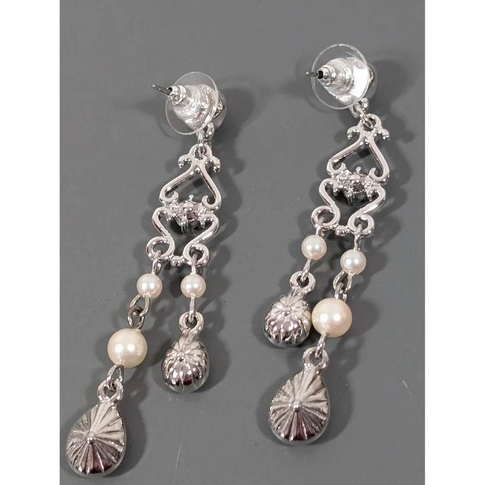 Monet Silver‎ Tone Rhinestone Faux Pearl Chandelier Drop Earrings
