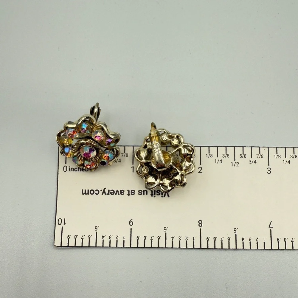 Vintage 1950s Coro Signed AB Floral Crystal Rhinestone Clip On Earrings
