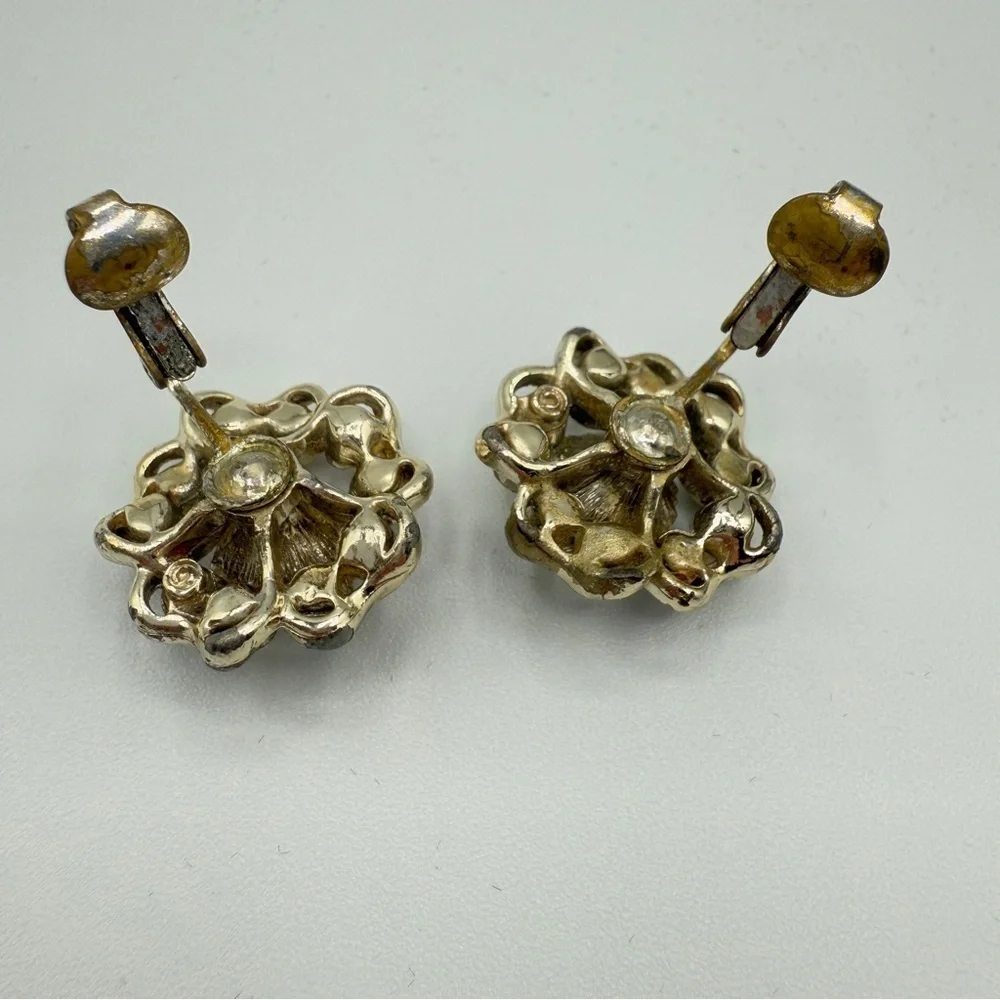 Vintage 1950s Coro Signed AB Floral Crystal Rhinestone Clip On Earrings