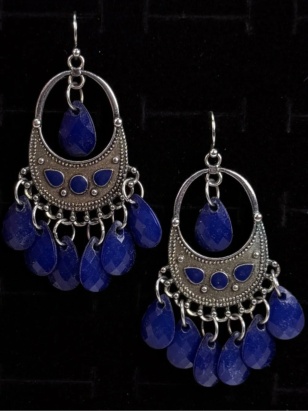 Bohemian chic Blue and Silvertone Chandelier pierced dangle Earrings