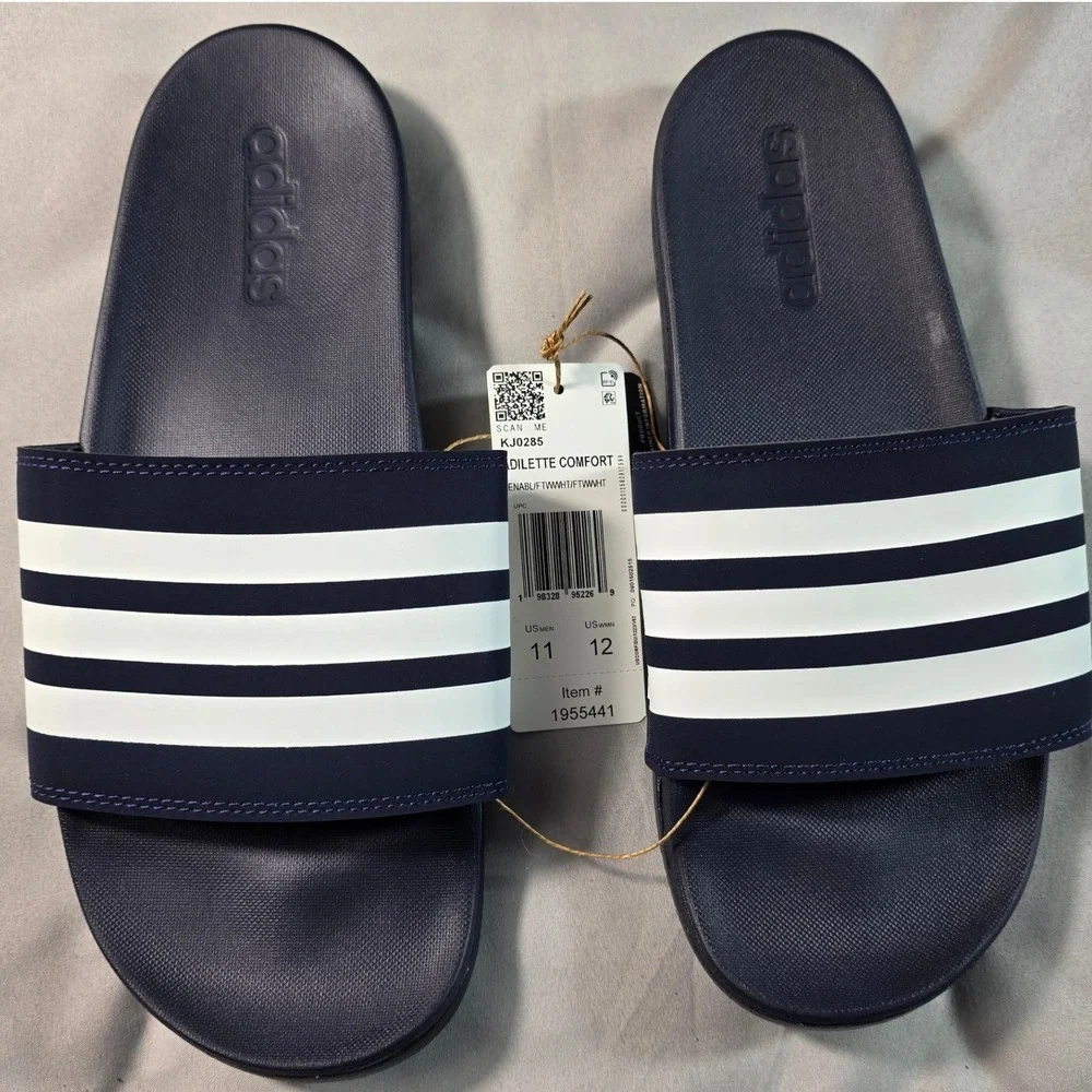 Adidas Adilette Comfort Slides Men 11 Navy Blue White Stripe Sandals KJ0285 NEW