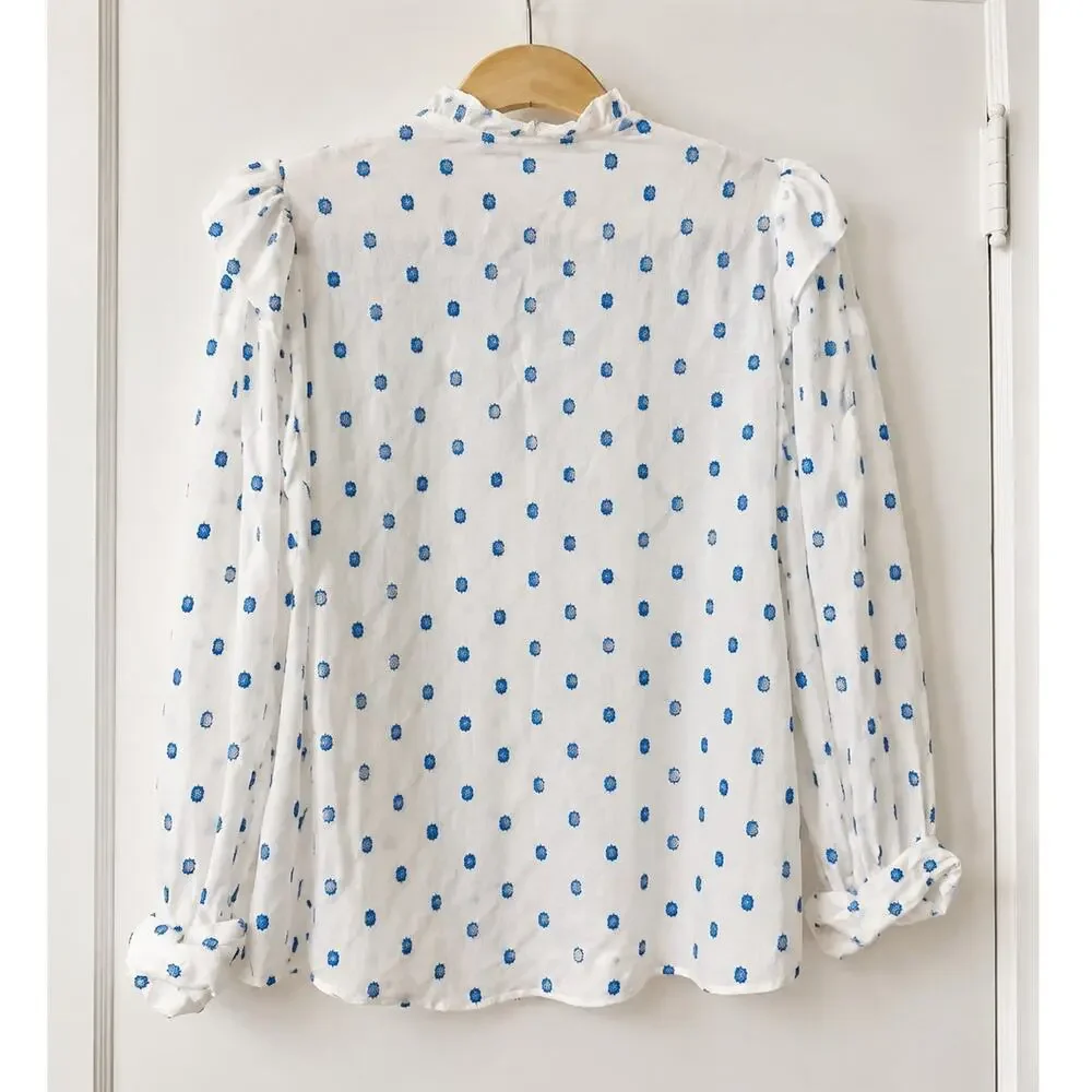 Zara Blue Embroidered Dot Ruffle Blouse – Women’s XS