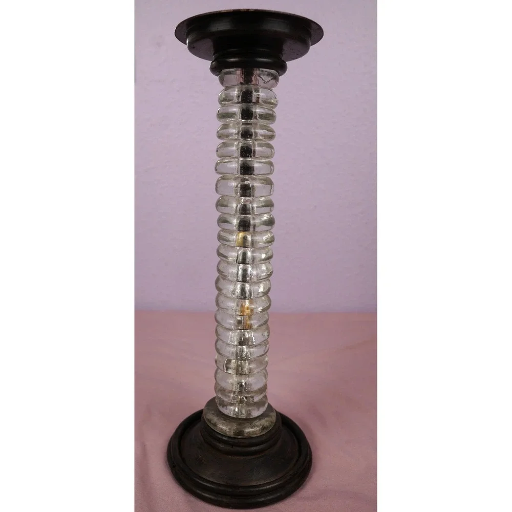 Clear Glass Beads & Dark Metal footed distressed pillar candle holder 12