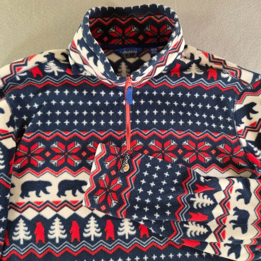 Chubbies Bearly Wild Quarter Zip Fleece Pullover Fair Isle Bear Navy Blue Red M