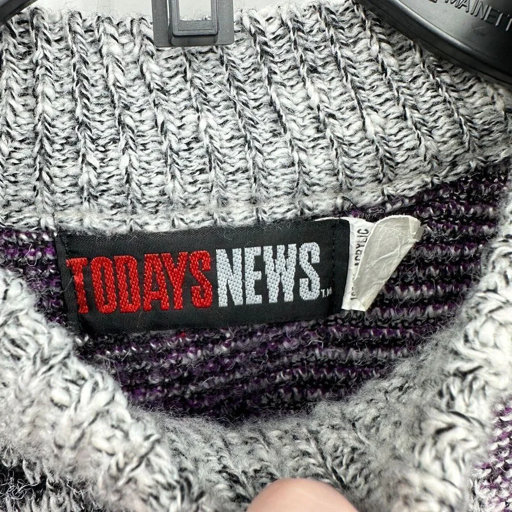 Vtg Todays News Sweater Mens M Purple Black Gray Knit‎ 90s Grandpa Grunge Indie