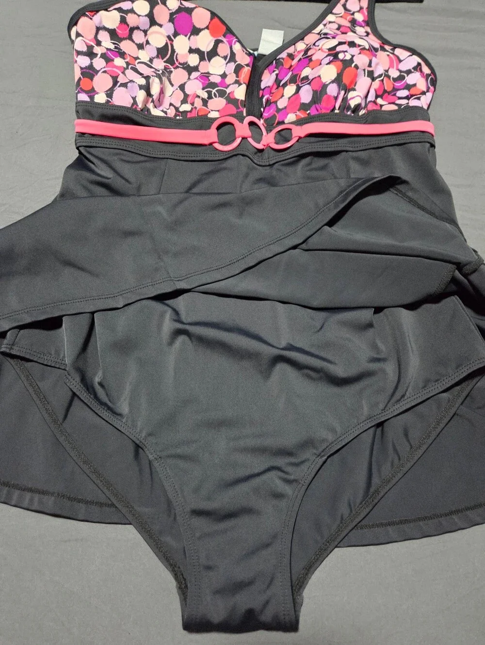 Black One-Piece Swimdress with Pink Polka Dot Bodice