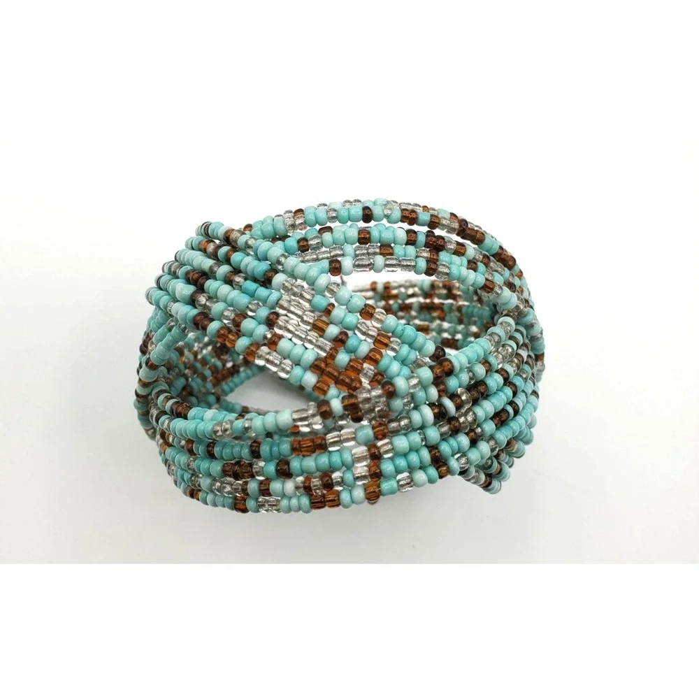 Blue Beaded Geometric‎ Wrap Wire Cuff Bracelet