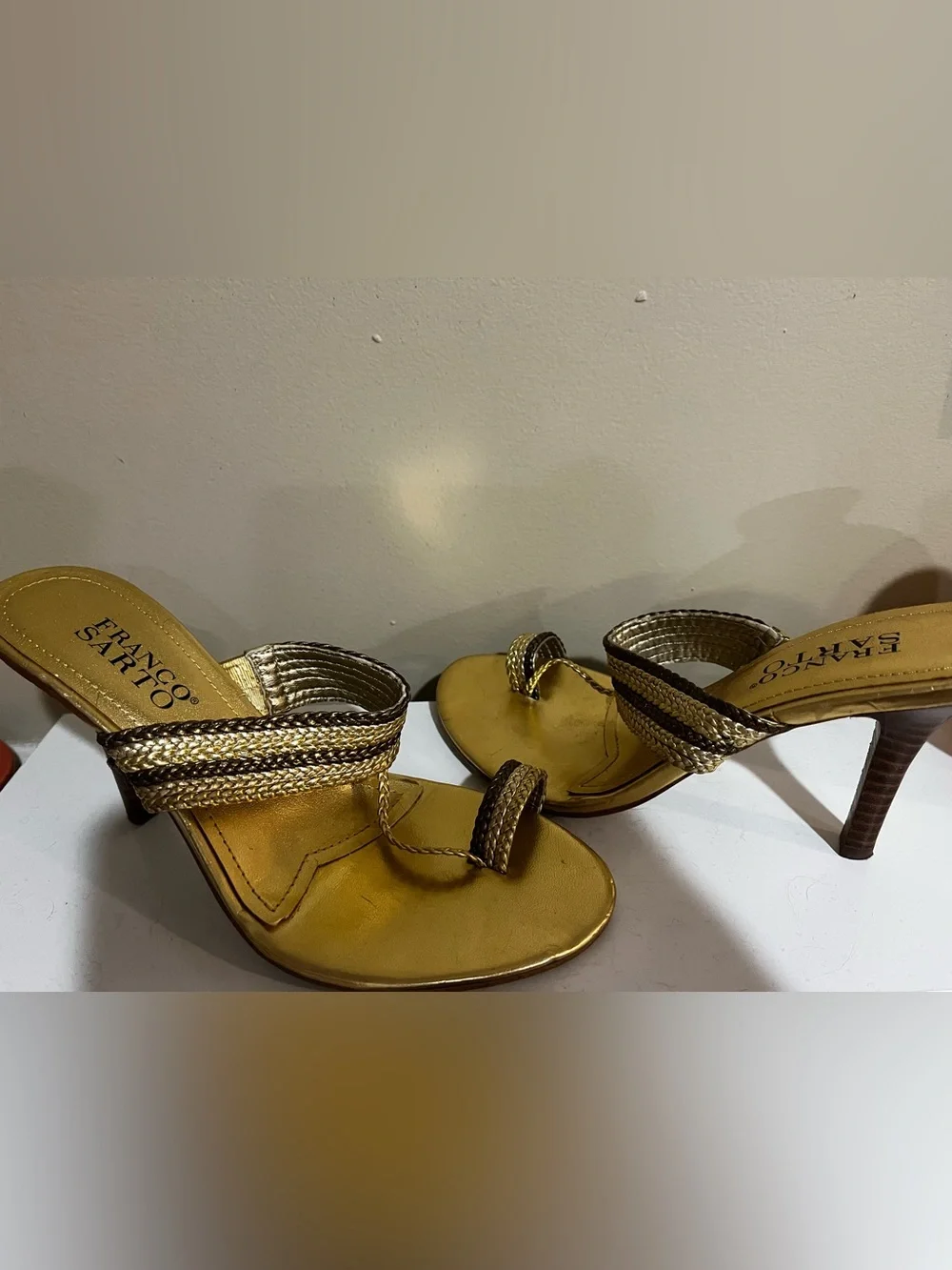 Franco Sarto Metallic Gold Braided-Strap Heels