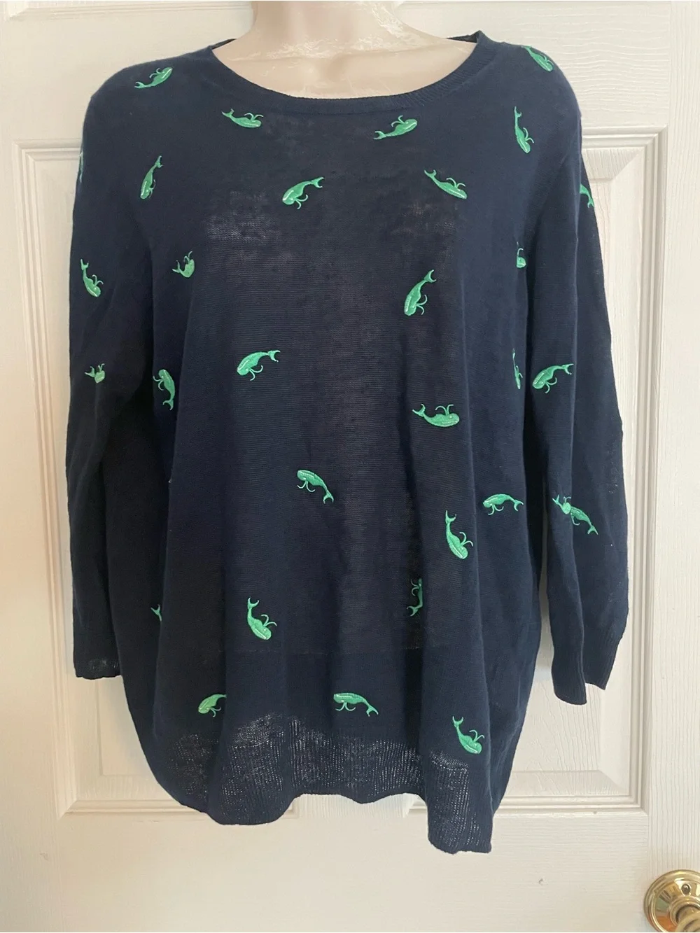 J. Crew Navy Sweater with Green Whale‎ Accent