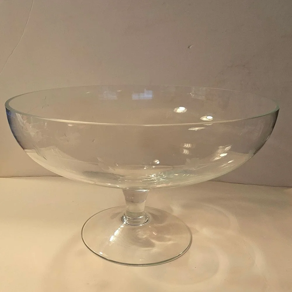 Vintage Clear‎ Etched Floral Glass Pedestal Bowl Footed Trifle Compote Dish 11