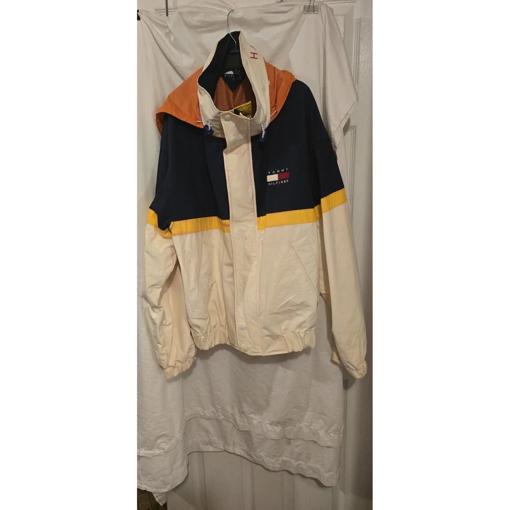 Vtg 90s Hilfiger Ski Jacket Boating Coat Yellow Hooded Sailing Parka Mens XL‎