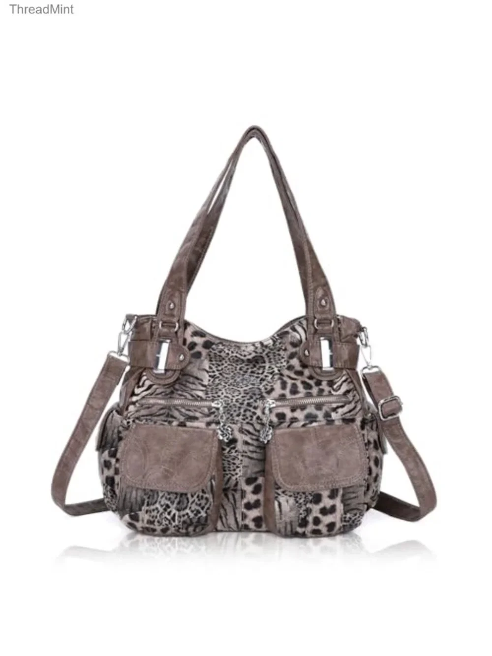 Washed PU Leather Hobo Bag with Double Zipper, Multiple Pockets, Convertible