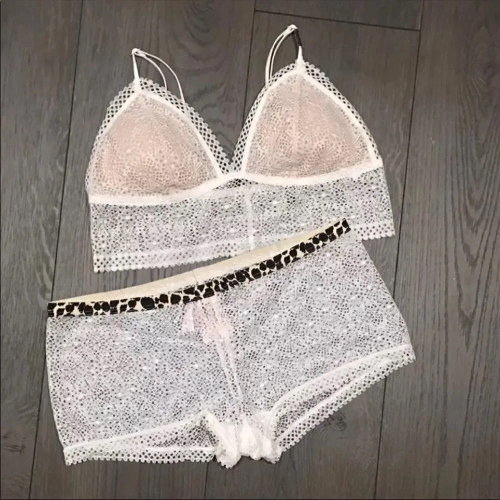 Victorias Secret crochet padded bralette matching Boyshorts Shortie panty set M