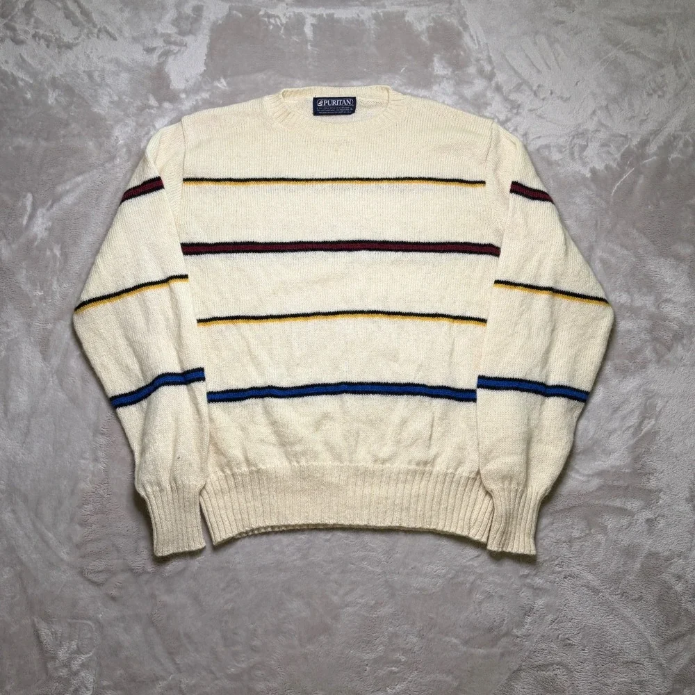 Vtg Puritan Shetland Wool Blend Sweater Size‎ L Striped Crewneck Made in USA