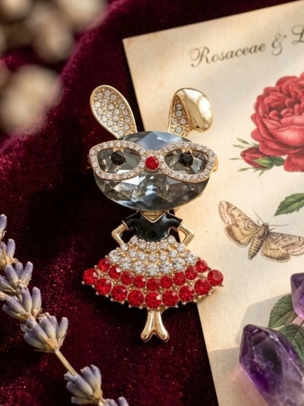 Crystal Bunny Brooch in Red and Gold - Fashion Jewelry