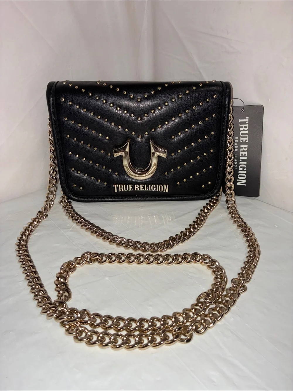 True Religion Black Quilted Studded Crossbody with Gold Chain