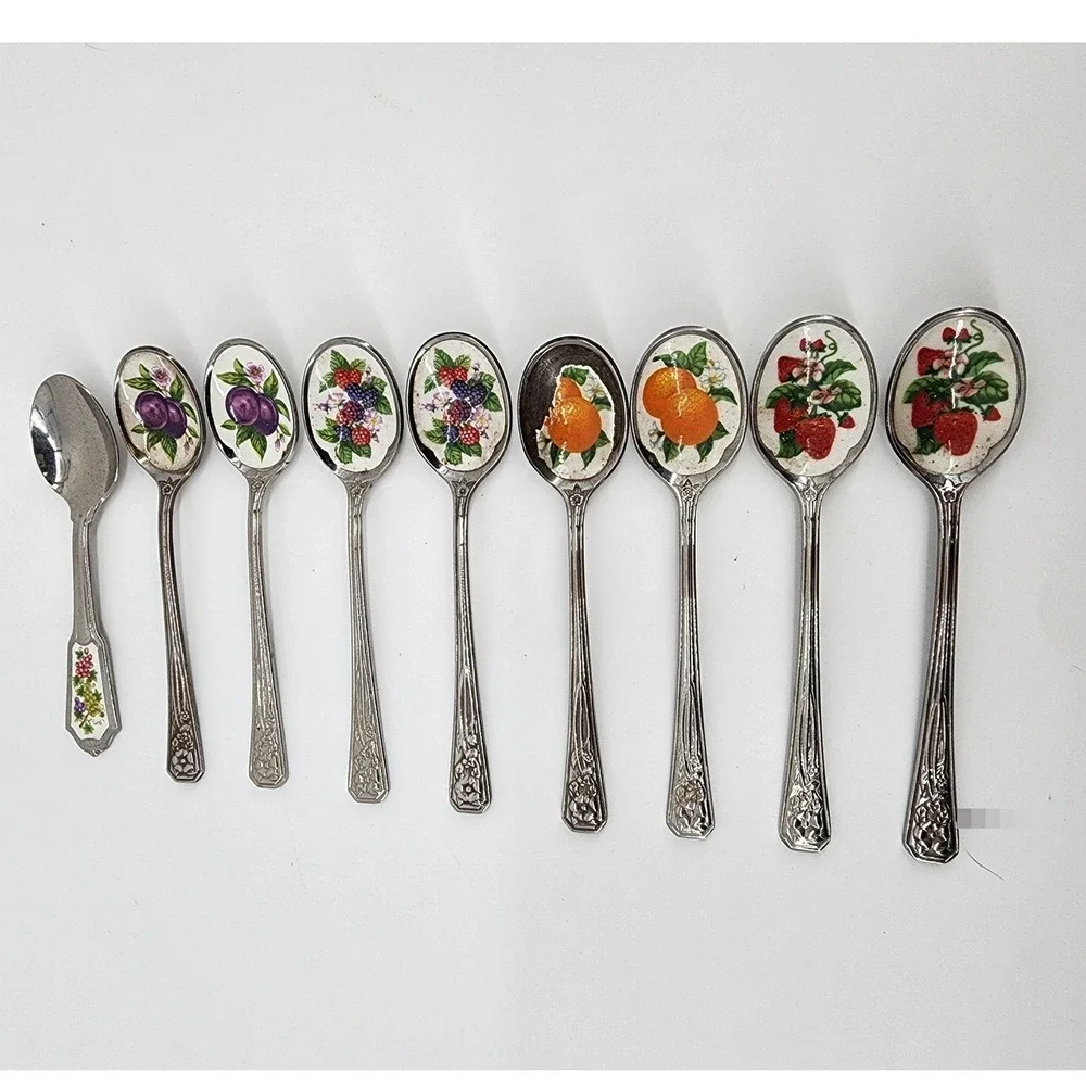 Vintage Avon Fruit Motif Enamel Inlay Silver Tone Tea Spoons Mixed‎ Set of 9