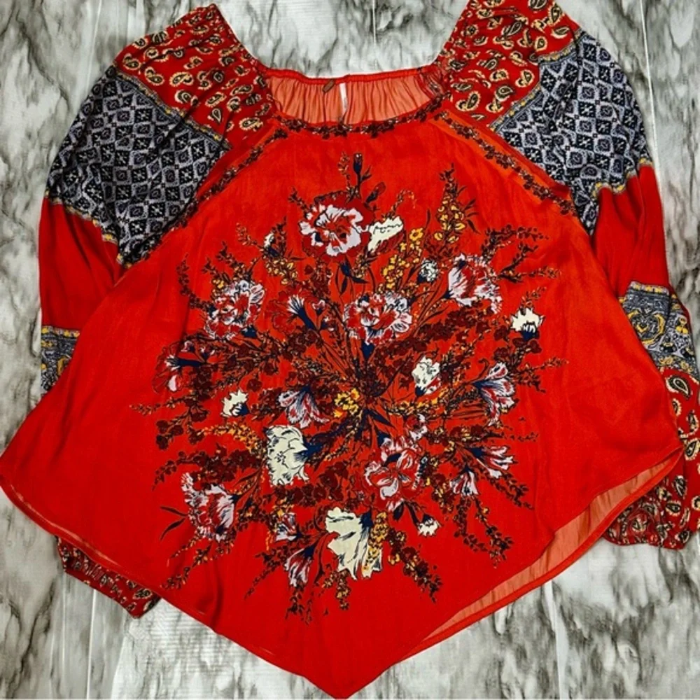 Free People Asymmetrical Embellished Raglan Blouse Orange Romantic Boho Chic