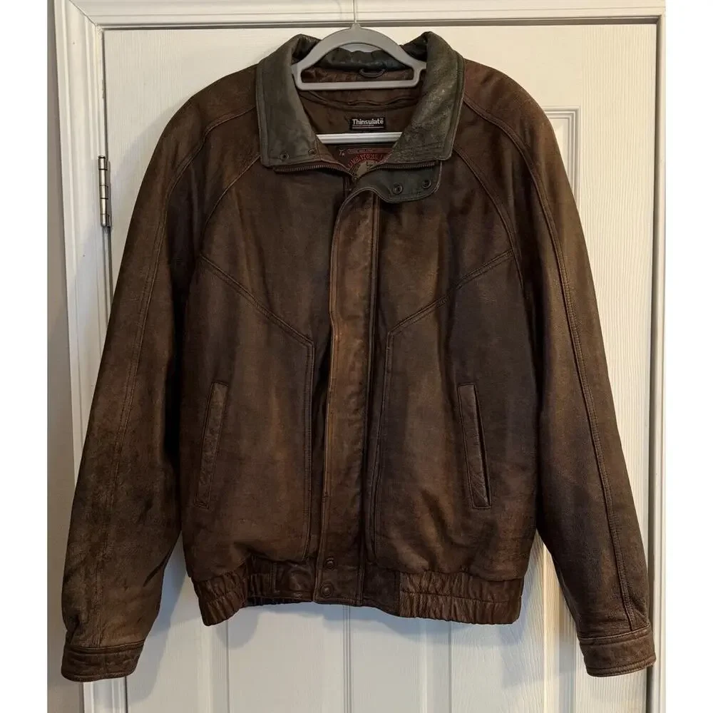VTG Wilsons Leather Jacket Mens Large Tall Two-Tone Brown Green Distressed EUC‎