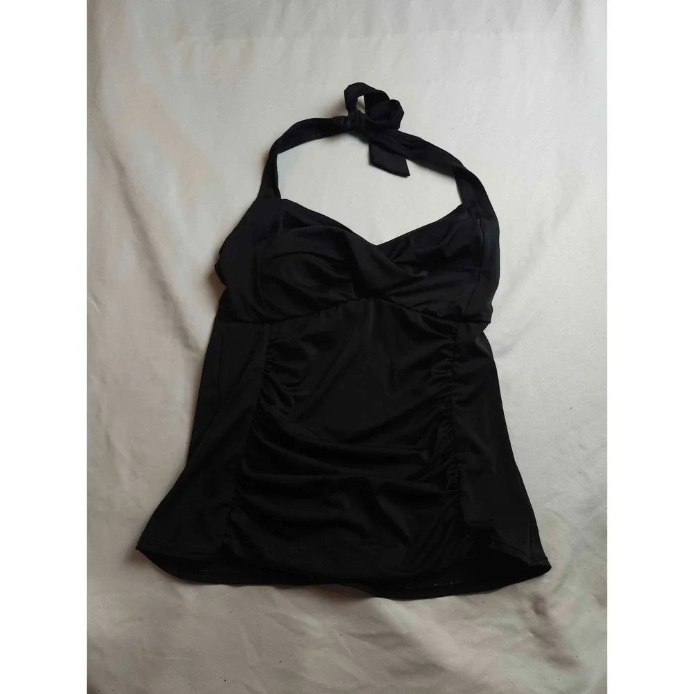 Tankini Swim Top S/M Black Halter Ruched Front Tie Neck‎ Summer Vacation Beachy
