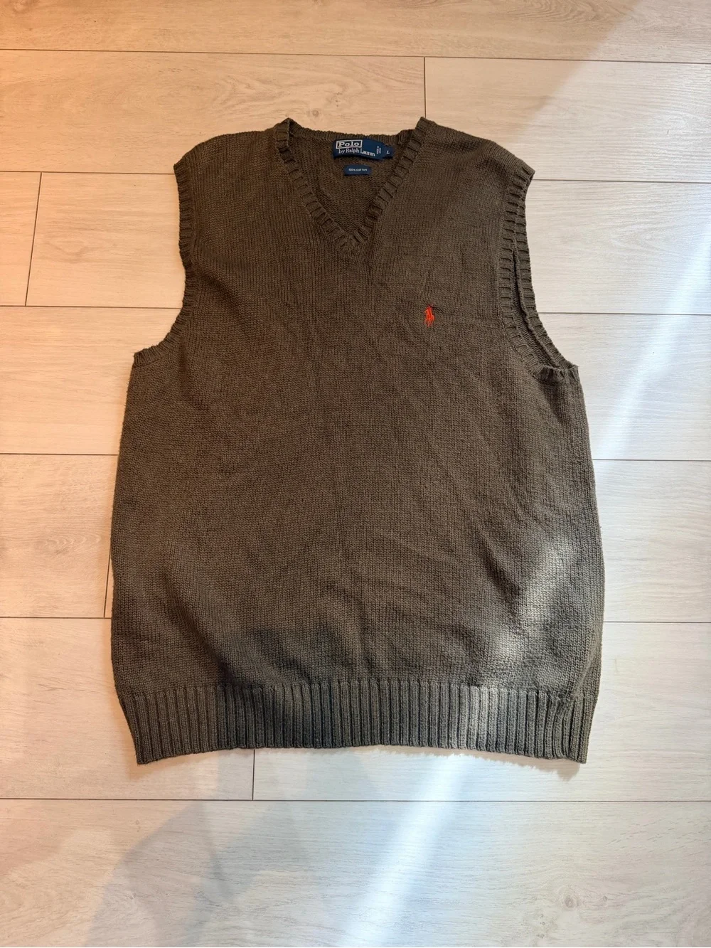 Ralph Lauren Olive Green V-Neck Sweater Vest with Orange Pony