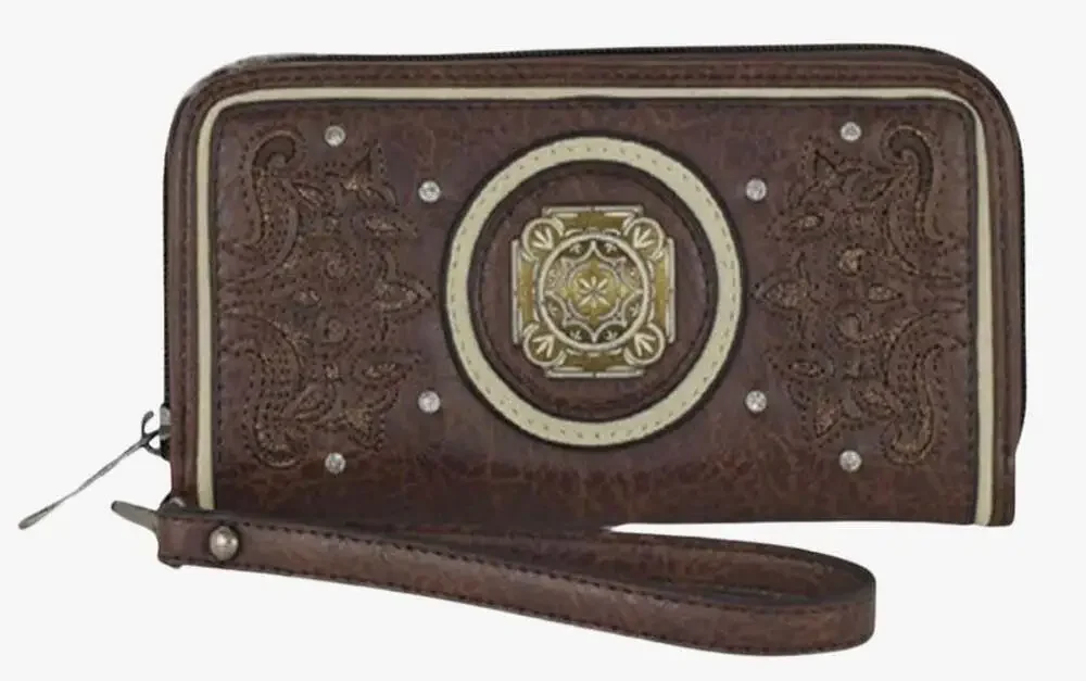 Justin Women's Brown Faux‎ Leather Concho Zip Around Wristlet Wallet