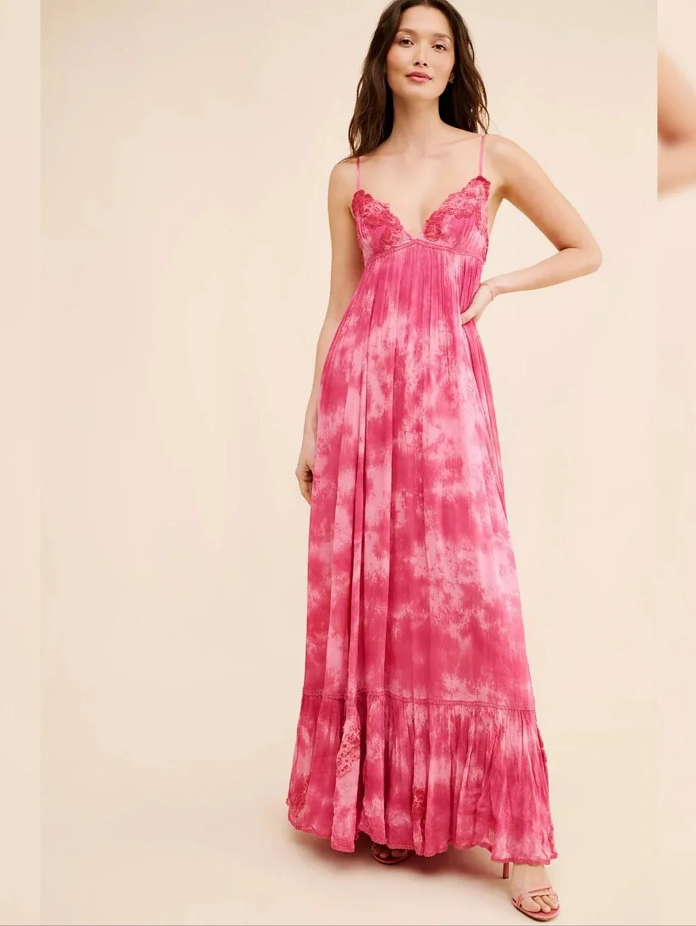 Free People Forever Fuschia Pink Tie-Dye‎ Lace Trim Maxi Dress Women's