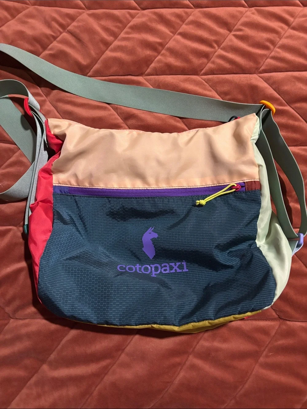 cotopaxi Colorblock Crossbody Bag in Navy, Peach, Red, Cream, Yellow, Purple