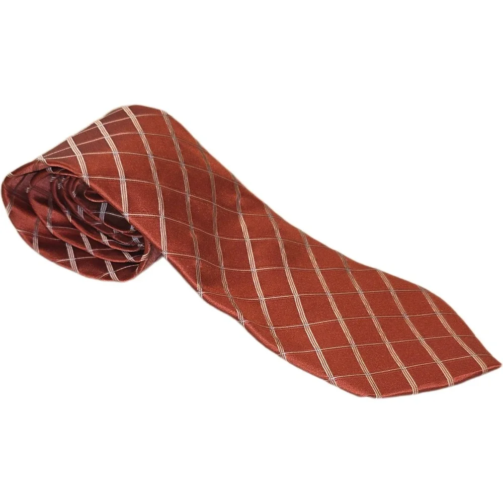 DKNY Mens‎ Silk Tie Burnt Orange Rust Geometric Diamond Grid Pattern Made in USA
