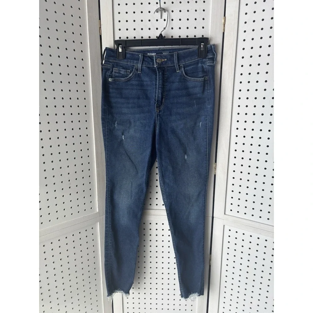 Old Navy Women's 6‎ High Rise Rockstar Super Skinny Blue Denim Jeans Raw Hem