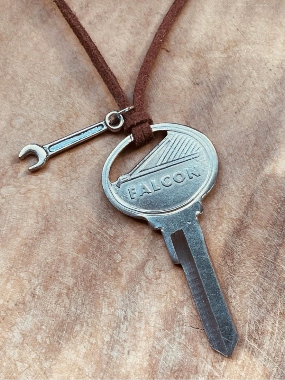 Vintage Ford Falcon Key Pendant Necklace with Brown Leather Cord