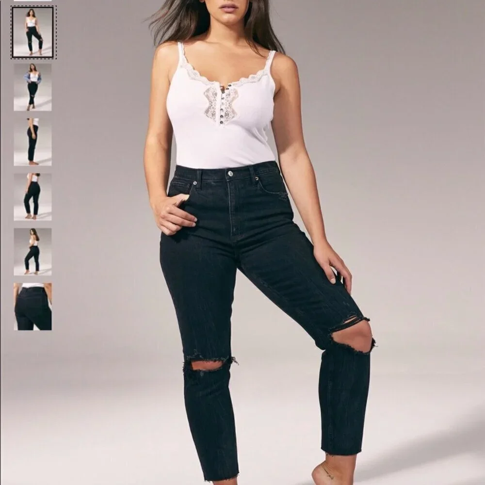 Abercrombie 2 (26) Ultra High Rise Mom Womens Jeans Black Distressed Frayed Hems