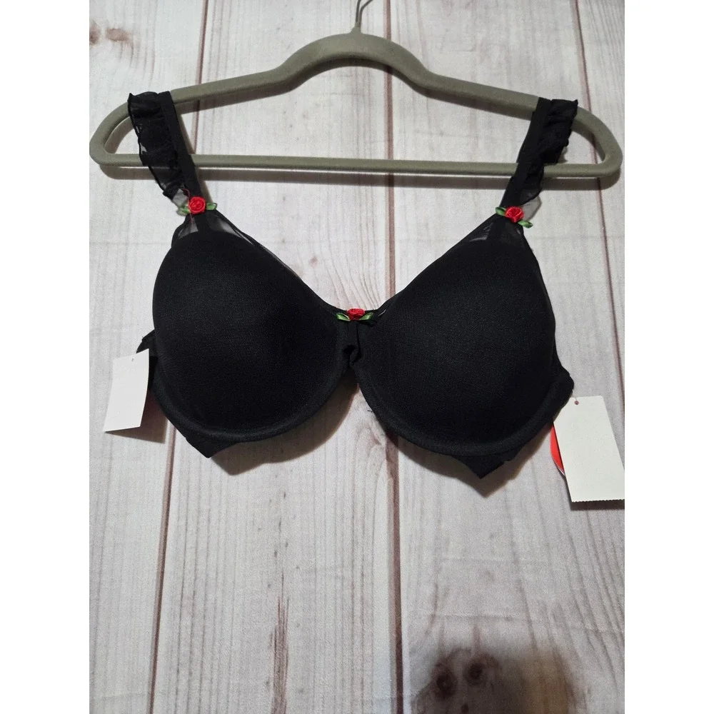 Parade Eightball Silky Mesh Underwire Bra Black Rose‎ Floral Ruffle Trim S+ New