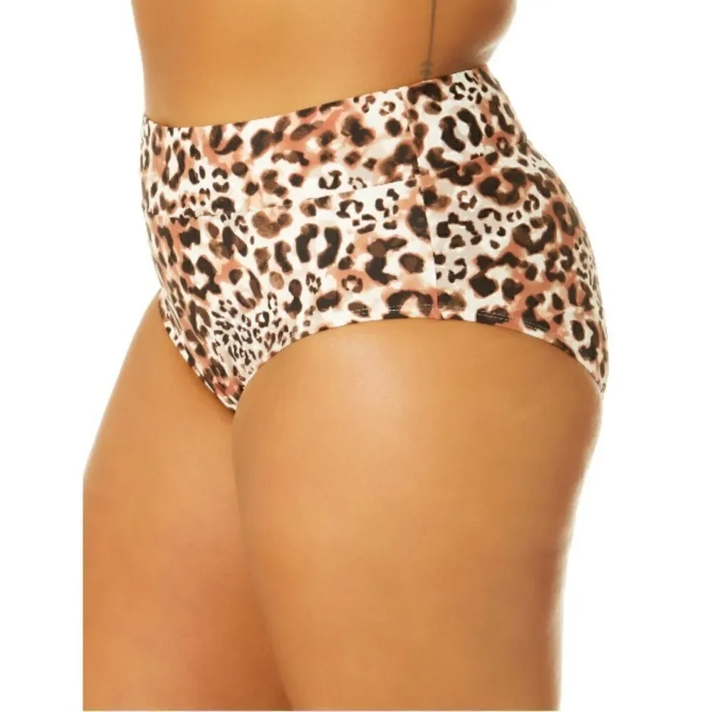 Leopard Print Knit Tankini Top & High Waist Bikini Bottoms Swimsuit Size 3X