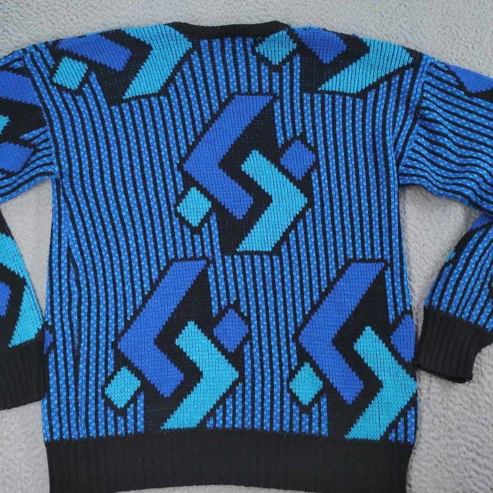 Prince Bernado Sweater Mens Blue Geometric Knitted Acrylic Long Sleeve Pullover