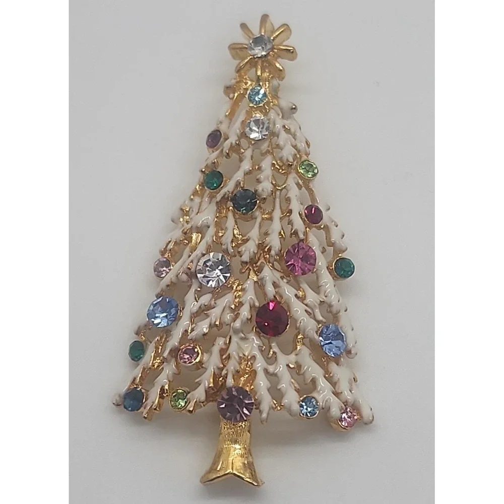 Vintage gold tone white enamel colorful rhinestone‎ Christmas Tree pendant