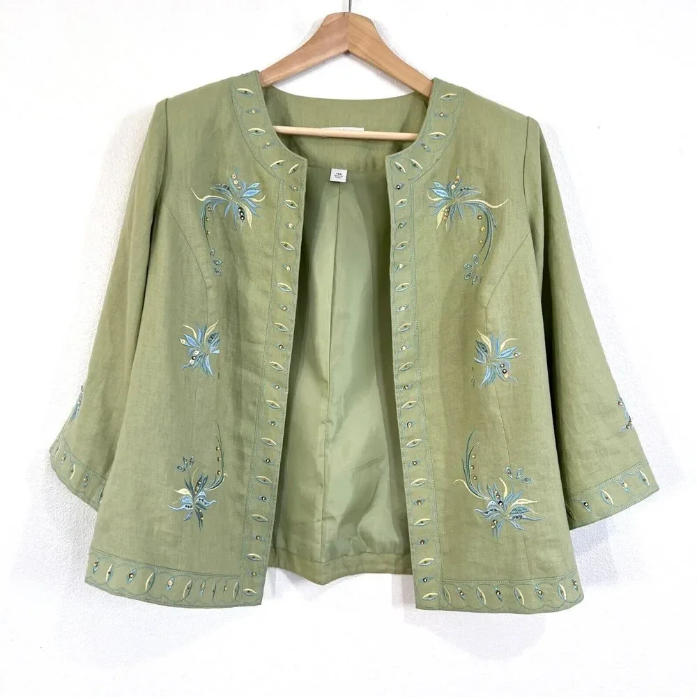Dressbarn Blazer Womens 14 Sage‎ Green Linen Floral Embroideries Career Business