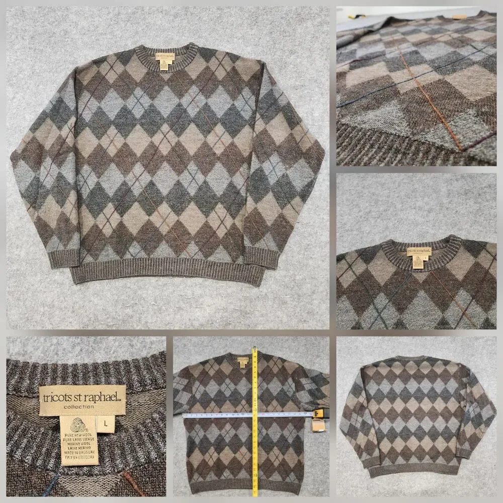 VTG Tricots St Raphael Mens L Large Pure‎ New Wool Knit Crewneck Argyle Sweater