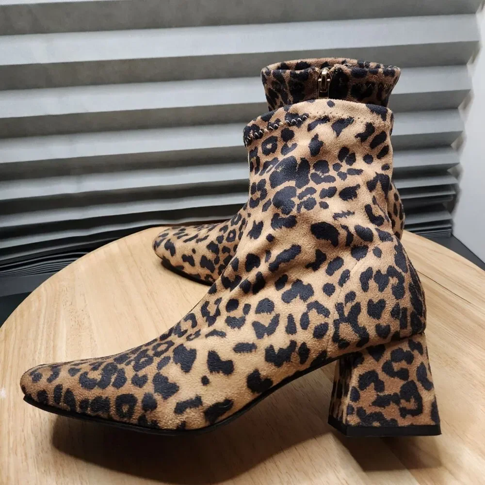Soda Adena Leopard Print Heeled Ankle Booties Women’s 7.5 Side‑Zip