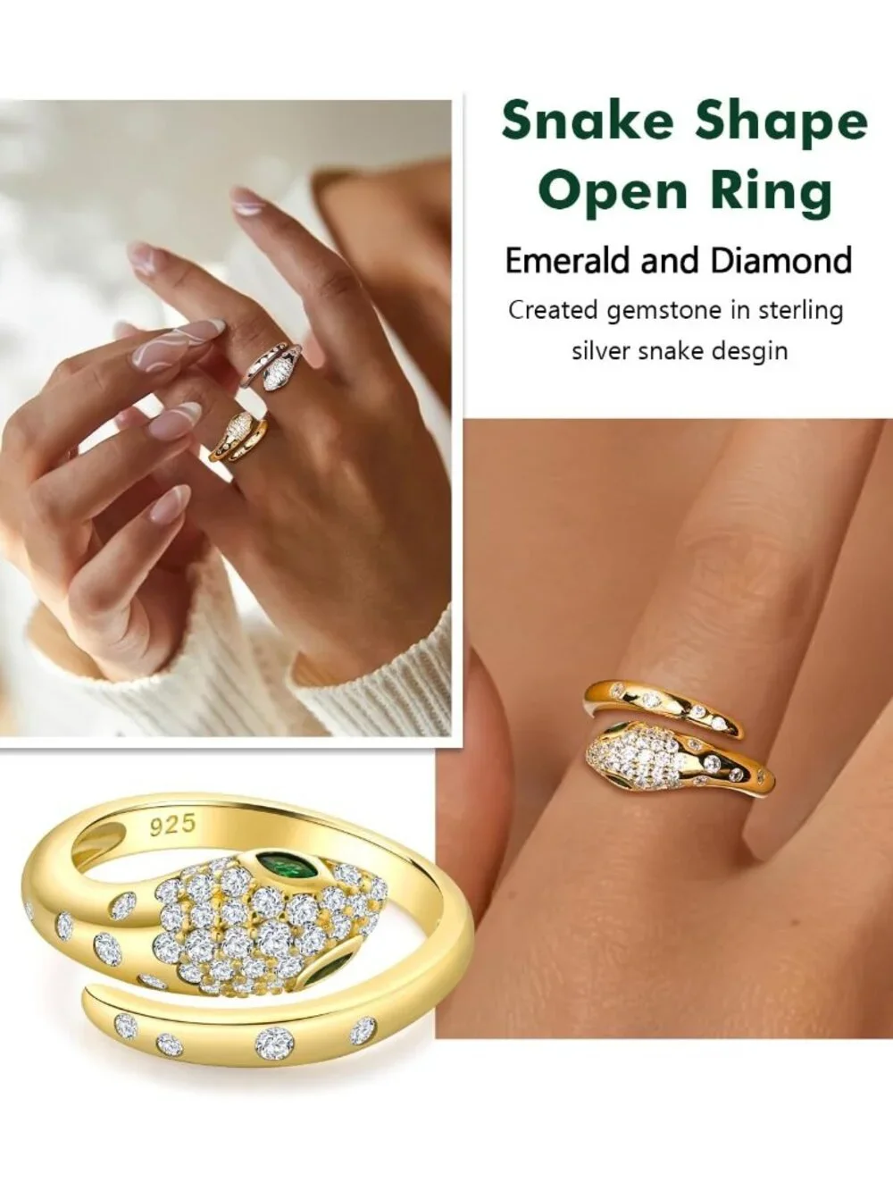 Stylish Adjustable Snake Ring for Women - Sterling Silver & Gold Plated Cocktail