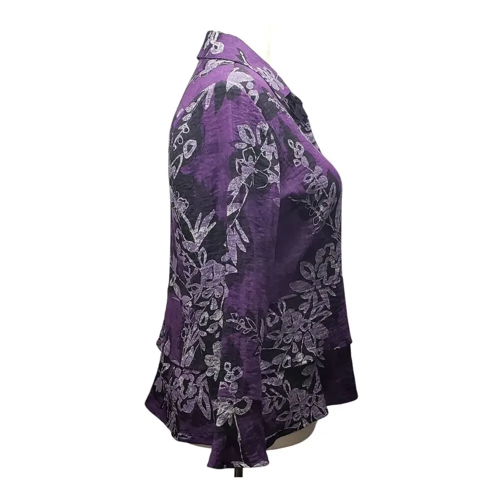 Habitat Purple Floral Peplum Blouse Womens M Long Sleeve Ruffle Boho Romantic