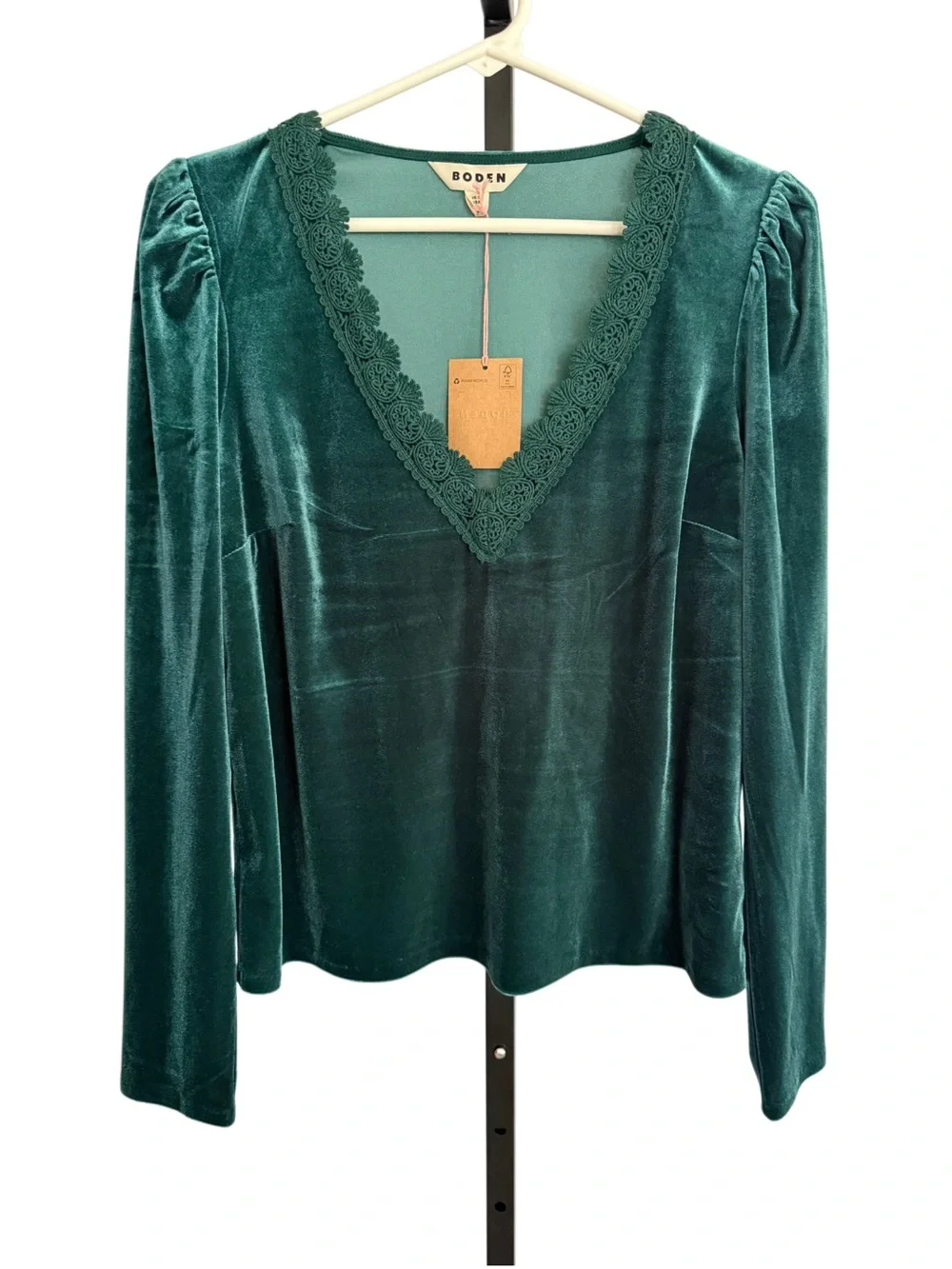 Boden Flora V-Neck Velvet Long-Sleeve Top Size 6 Lace Trim Puff Shoulders
