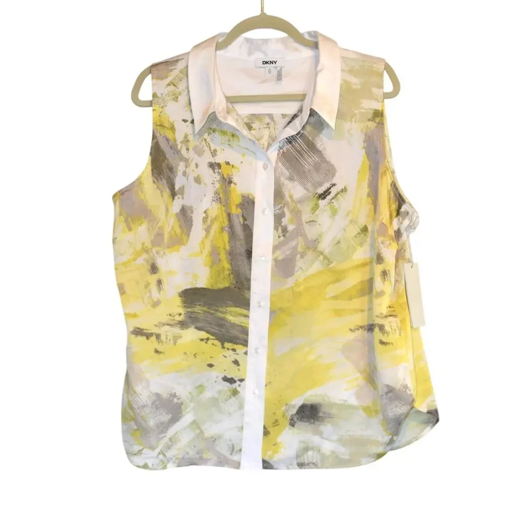 DKNY Women's Printed Sleeveless Collared Top in Pebble Light Lemon Multi