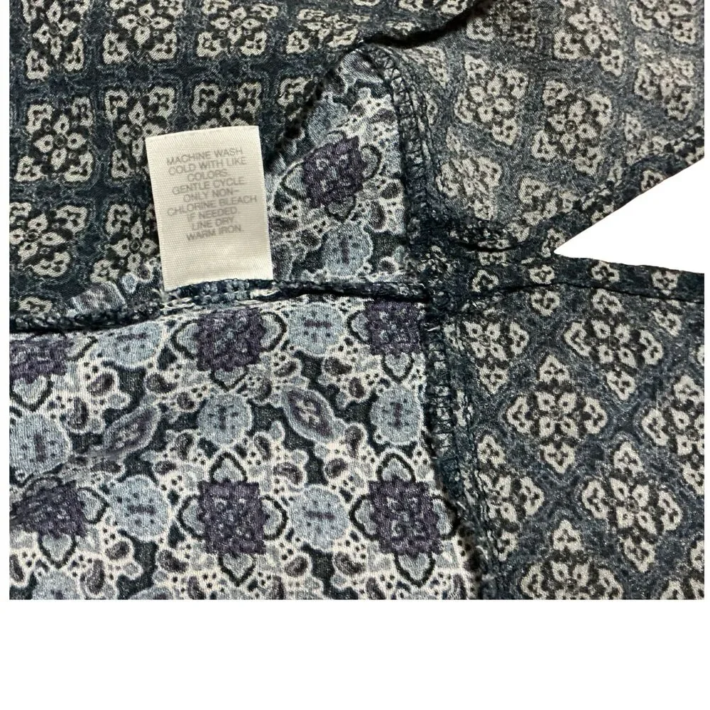 J Jill Womens Top Med Blue Geometric Boho Split Neck Long Sleeve Rayon Blouse