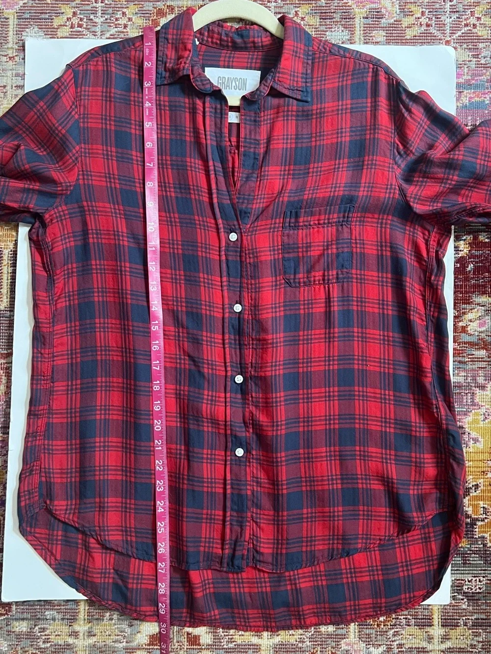 Grayson the Hero red & navy blue plaid button-up shirt
